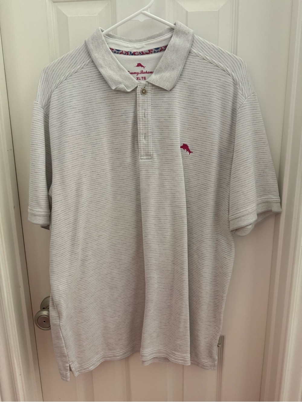 Tommy Bahama Light Gray Striped Polo with Red Dolphin Logo
